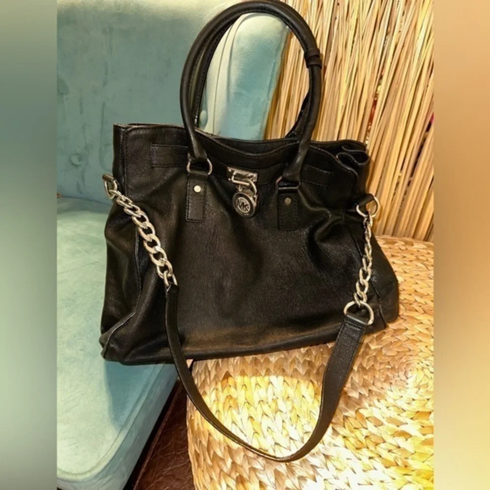UGC MICHAEL KORS Hamilton Large Black Leather Satchel Tote Crossbody w/ Chain